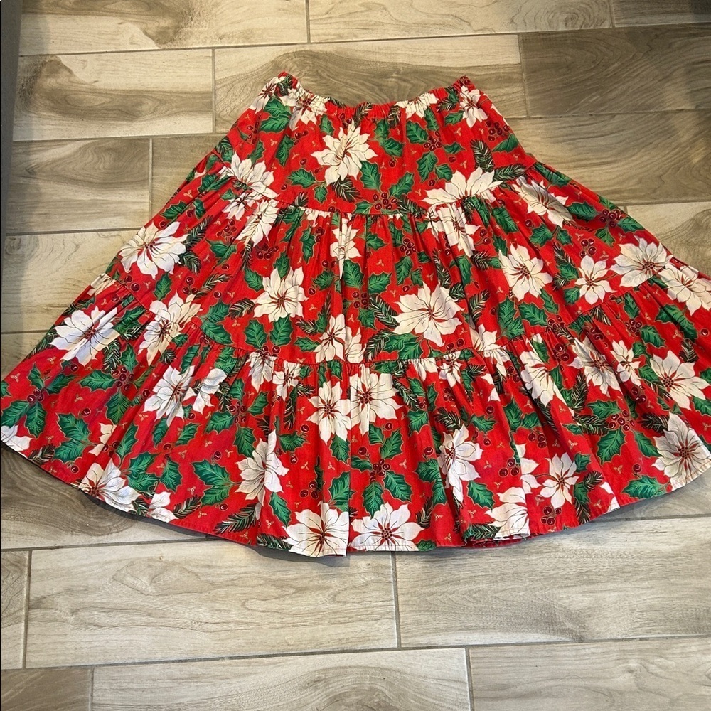 Handmade One of a Kind Tiered Skirt with a Poinsettia and Holly Print - Picture 6 of 8